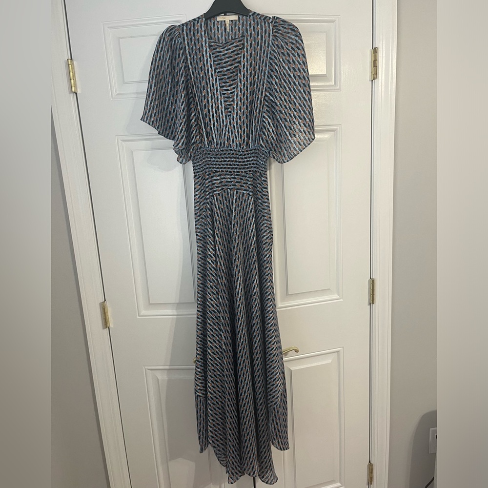 MAJE Richelane Shirred Printed Metallic Jacquard Maxi Dress - Blue - Picture 2 of 7
